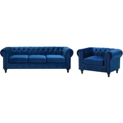 4-SITZER SOFA SET Samtstoff Blau Chesterfield