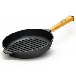 BRIZOLL Ø28cm Grillpfanne Gusseisen Induktion Holzgriff Bratpfanne Pfanne Feuerpfanne