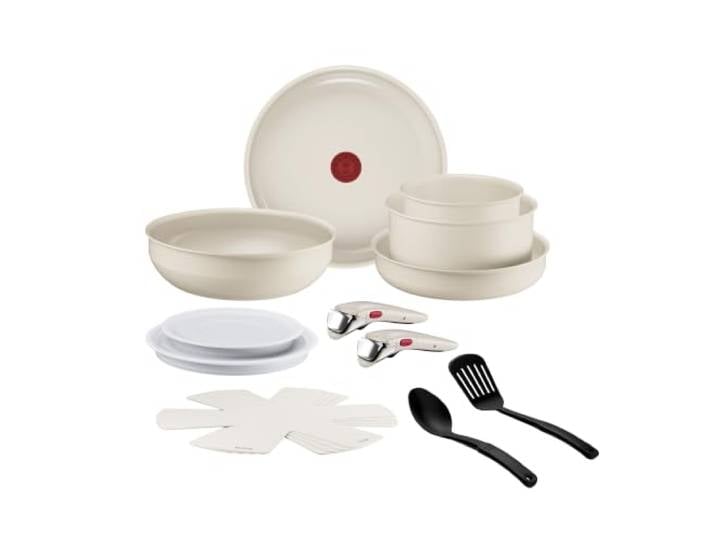 Tefal Ingenio Cerabright 15-teiliges Kochgeschirr-Set, platzsparend abnehmbarer Griff, stapelbares Design, induktionsgeeignet, Keramik-Antihaftbeschichtung, Beige, L8449834