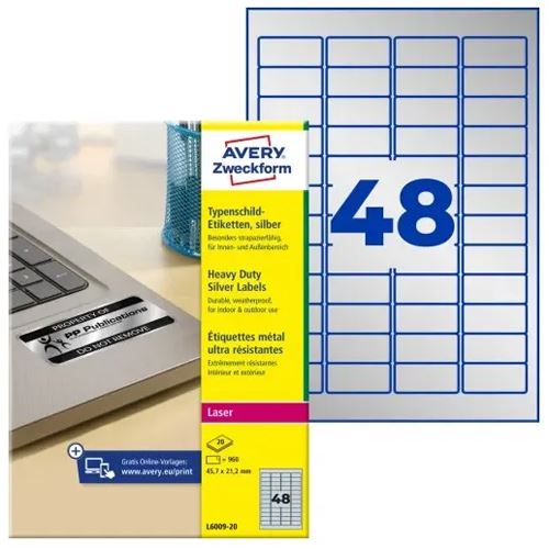 Avery Zweckform L6009-20 silber Typenschild-Etiketten 4.57x2.12 cm (20 Blatt (960 Etiketten))