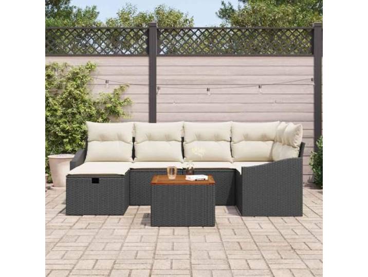 KTHLBRH Gartenmöbel-Set, 7-teilig, schwarz, Poly-Rattan Modularer Beistelltisch aus Akazienholz, abnehmbare Kissen, integrierte Aufbewahrung