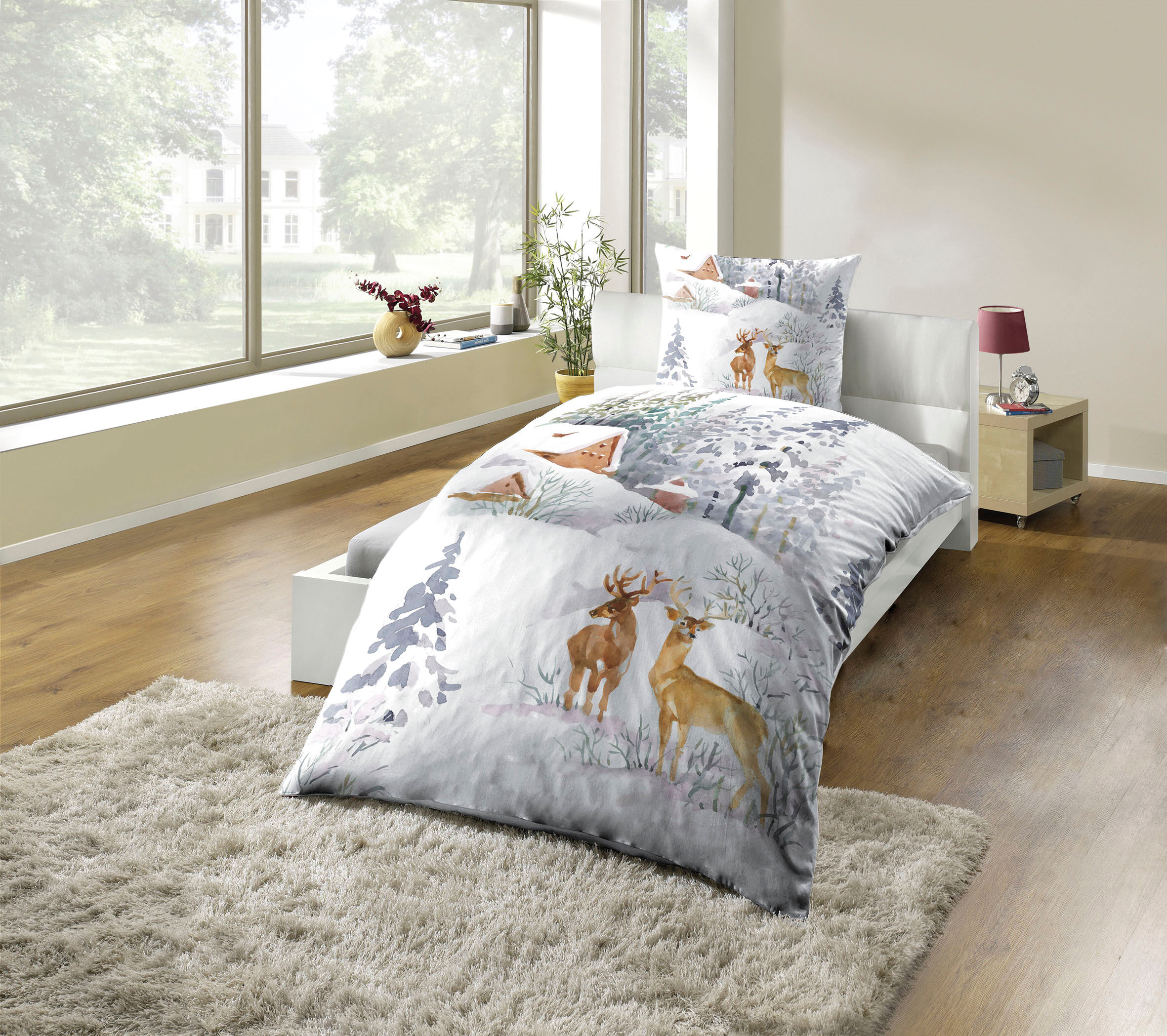 Bettwäsche KINZLER "Polycotton Flanell Bettwäsche", bunt, B/L: 135cm x 200cm, 1 Stk., 1 Stk., Polycotton, B/L: 80cm x 80cm, 2 Stk., Polycotton, Obermaterial: 65% Baumwolle, 35% Polyester, Bettwäsche, Bettwäsche, besonders weich, Motiv Winterlandschaft bun
