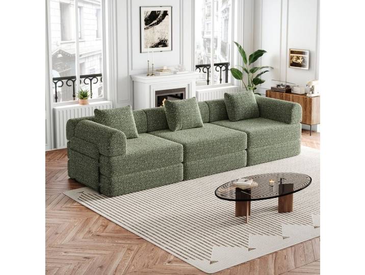 MEUBLIV Canapé convertible 3 places en chenille vert modulable avec rangement dans l'accoudoir