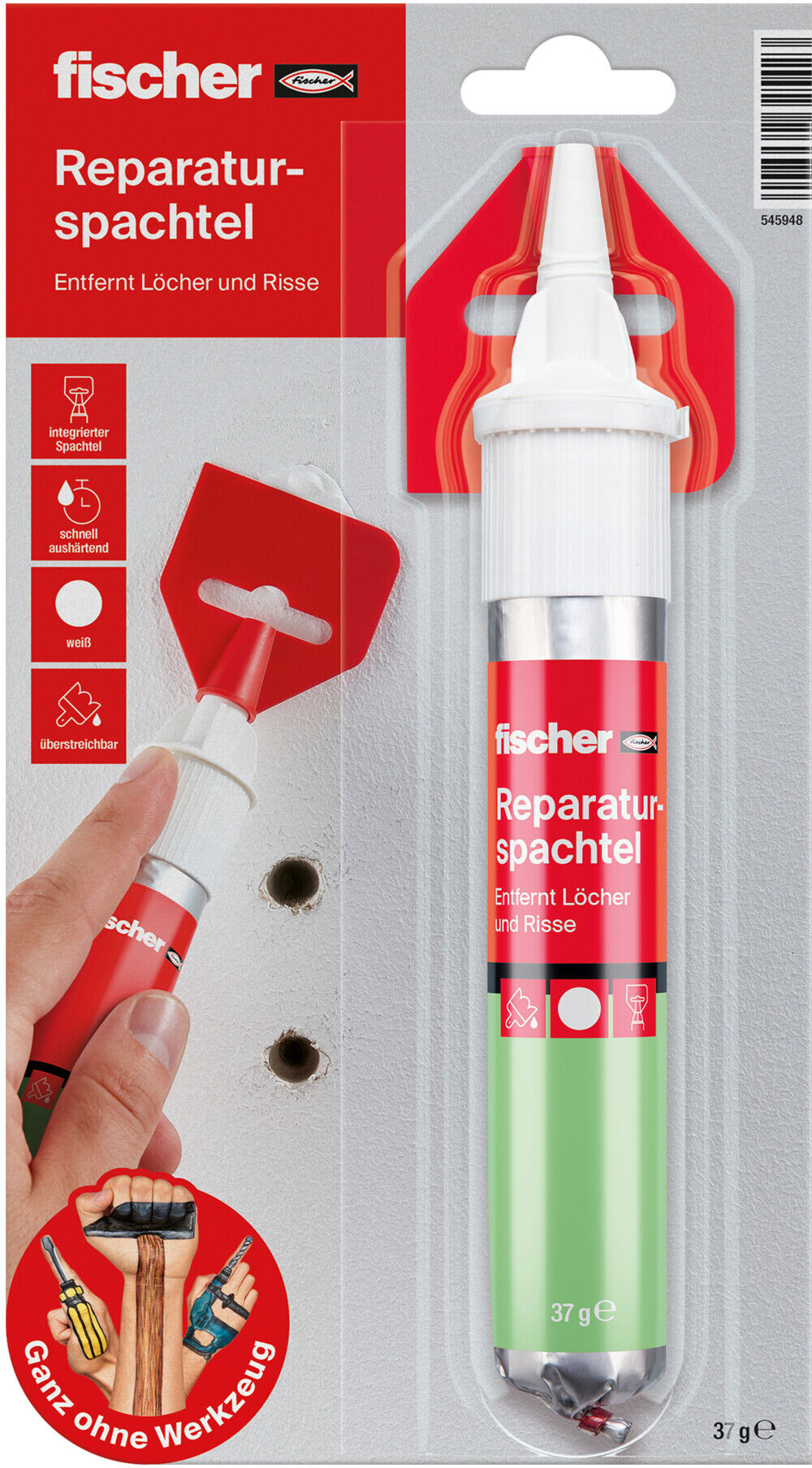 fischer GOW Reparaturspachtel   70 ml Tube, für die Reparatur von Rissen und Löchern in Holz, Metall und Kunststoff (545948)