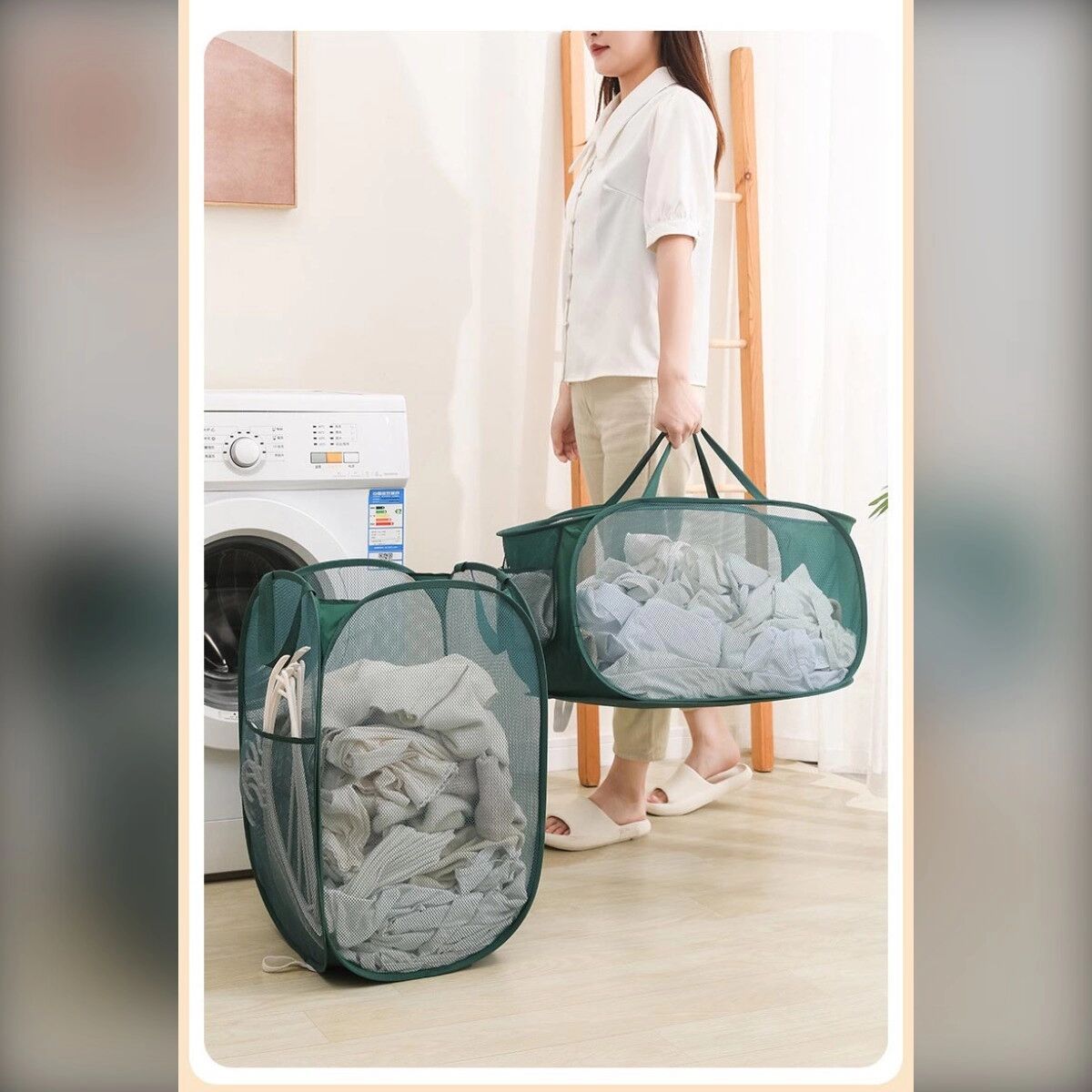 INF Nylon-Netz-Wäschekorb - Faltbar, Atmungsaktives Vierseitiges Design mit Griffen, 62cm x 29cm x 33cm Schwarz