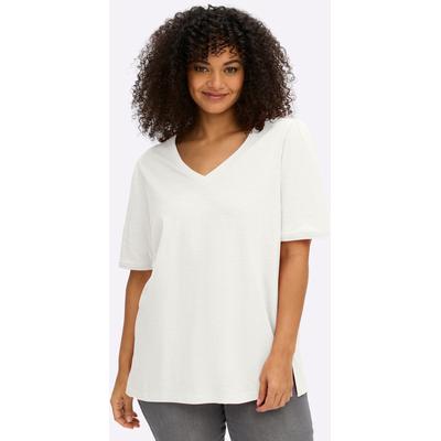 T-Shirt SHEEGO "Halbarmshirt", Damen, Gr. 52/54, weiß (ecru), 50% Baumwolle, 50% Viskose, Besatz:100% Baumwolle, unifarben, V-Ausschnitt, Shirts T-Shirt