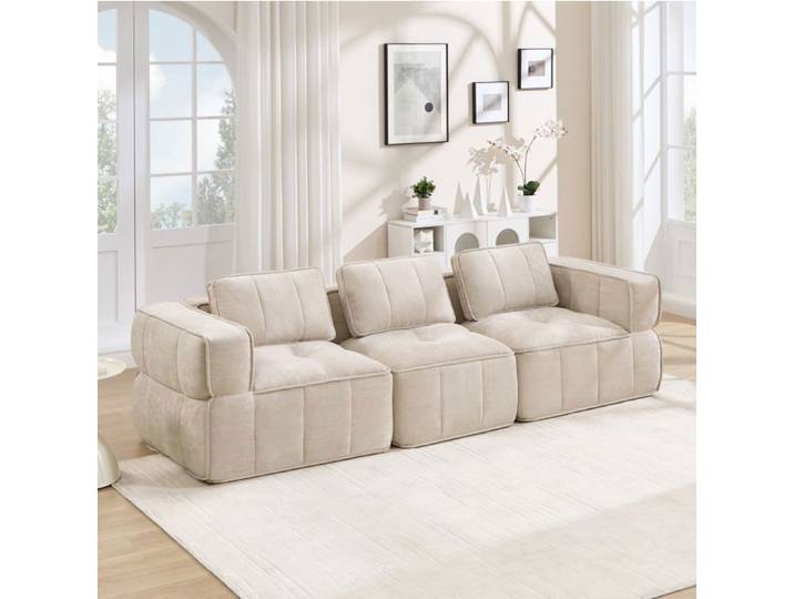 Modenuit Canapé compressé 3 places beige tissu polyester mousse 32D sans montage