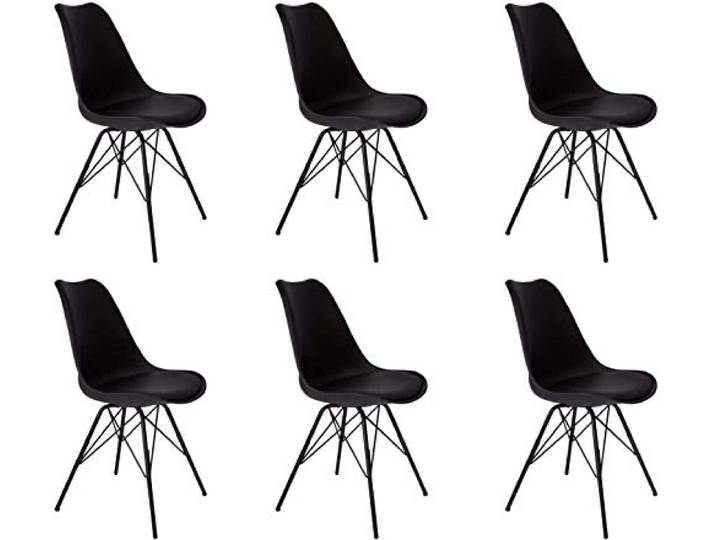 SAM 6er Set Schalenstuhl Lerche, Kunststoffschale in schwarz integriertes Kunstleder-Sitzkissen, Schwarze Metallfüße, Esszimmerstuhl im skandinavischen Stil, Pflegeleichte Stühle