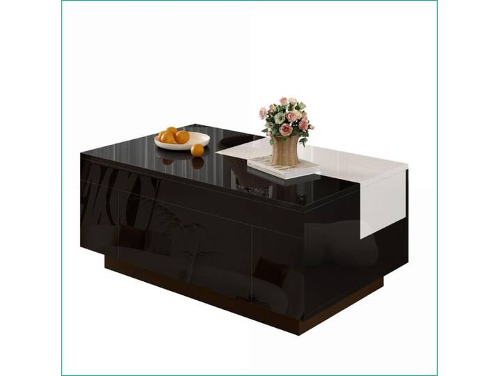 Table Basse Moderne LED - Plateau Extensible Rangement Caché Noir & Blanc