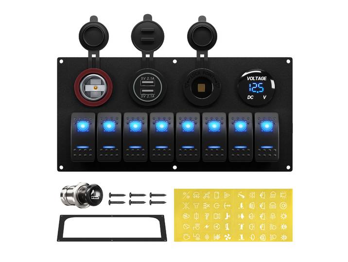 DaierTek panneau de commutation de bateau marin étanche 8 gangs 12V panneau d'interrupteur à bascule panneau d'interrupteur à bascule LED bleue éclairé pour automobile