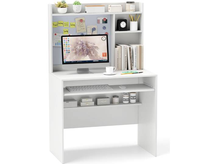 COSTWAY Schreibtisch Computertisch klein mit magnetischer Pinnwand, Aufsatz, Tastaturablage & verstellbarer Ablage, Bürotisch 89x50x138cm Weiß