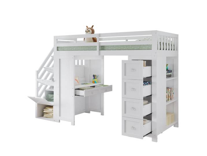 Wishdor Hochbett 90/200 cm in Weiß mit Lernbereich, Stauraum und Schubladen, Holz, Rechteckig, 90x200 cm, Babymöbel & Kindermöbel, Kinderzimmer & Jugendzimmer, Kinderbetten, Hochbetten