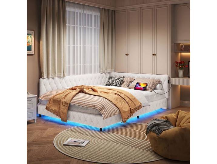 Lit double 140x200 cm USB et Type C led Style moderne tissu sherpa cadre de lit fille 140x200 cm beige