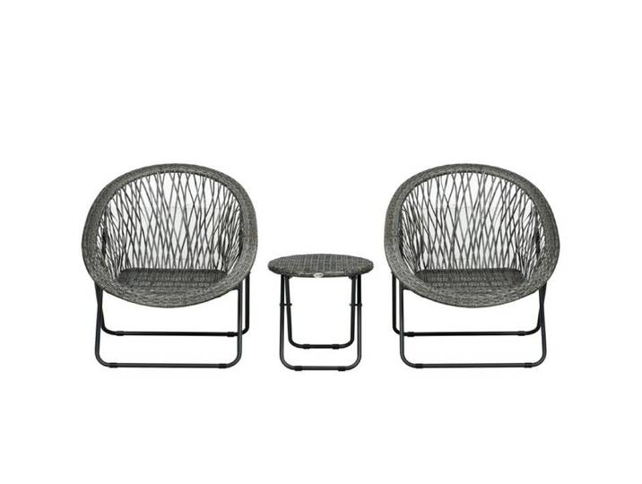Ensemble jardin pliant - table basse + 2 chaises avec coussins gris acier - idéal terrasse extérieur