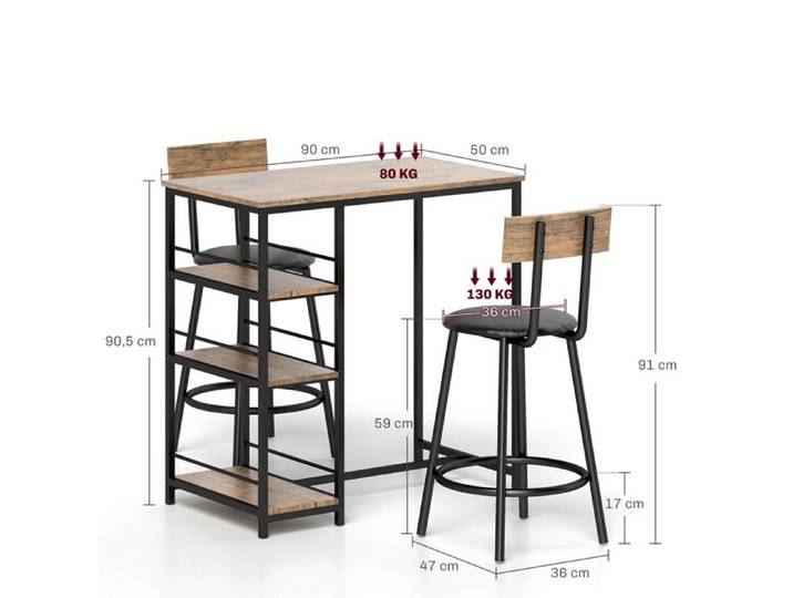 Table à bar doté de plateau de tabouret: Set de table à bar avec table de cuisine 3 étagères 2 chaises à bar 3 tlg