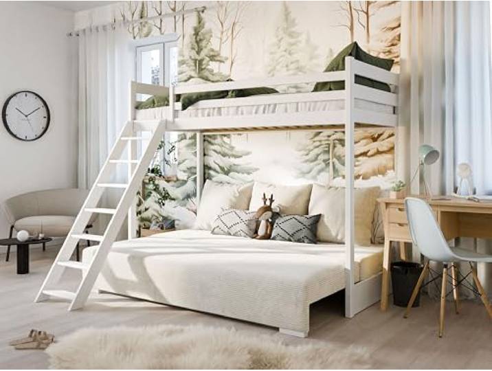 Kids Collective Hochbett Sofa 90x200cm weiß mit Schlafsofa 140x200cm Couch in Cord-Stoff Creme OEKO-TEX100 mit 3 Kissen Etagenbett Stockbett mit Leiter & Schlafcouch 200x140 von 4. bis 18. Lebensjahr