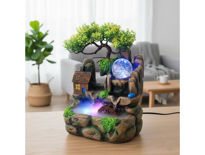 Fontaine de table Zen en résine avec nébuliseur, roue à eau Feng Shui porte-bonheur et lumières LED, ornement de bureau intérieur.