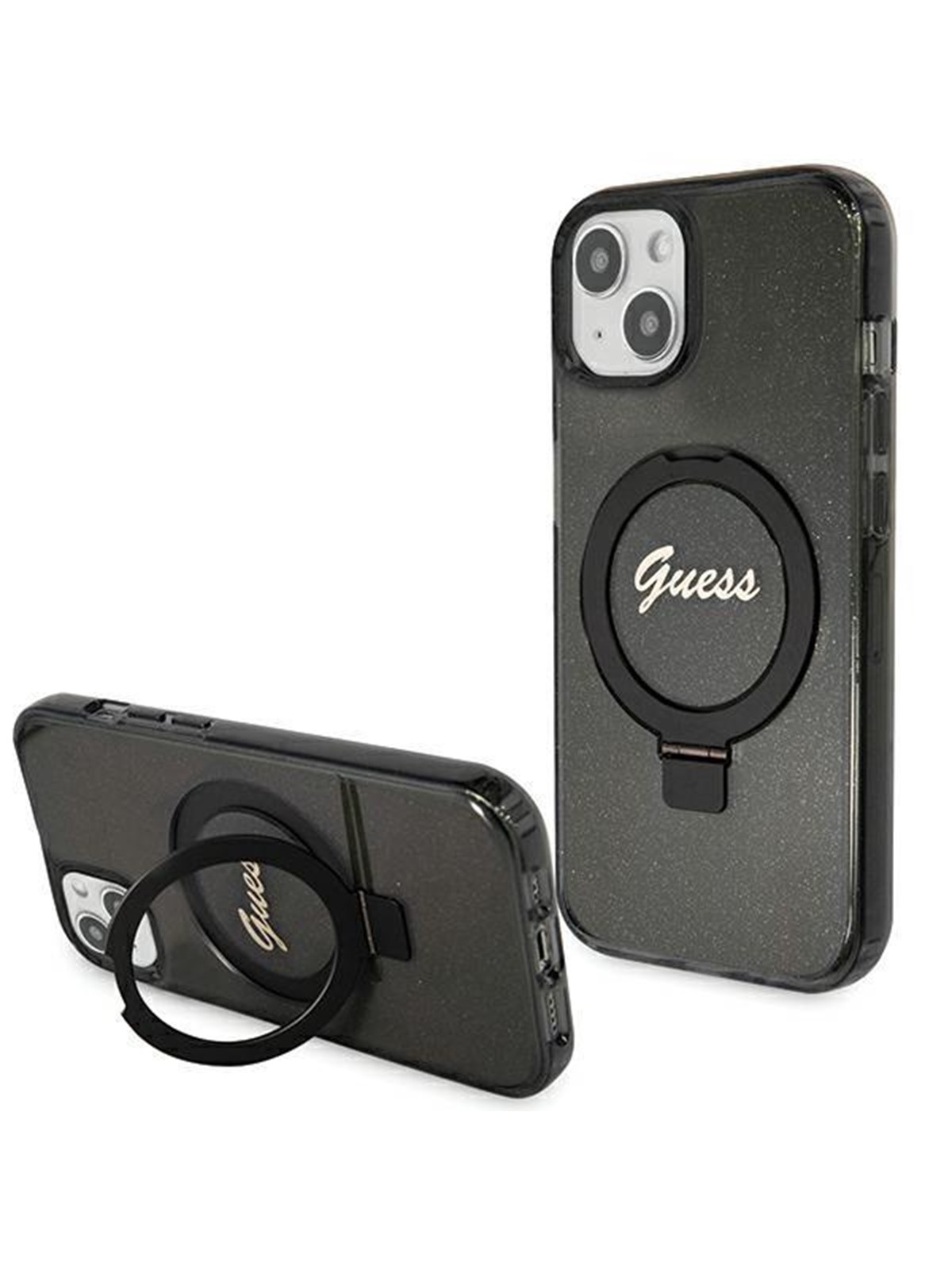 GUESS Ring Stand Script Glitter MagSafe case for iPhone 13 / 14 / 15 - black
