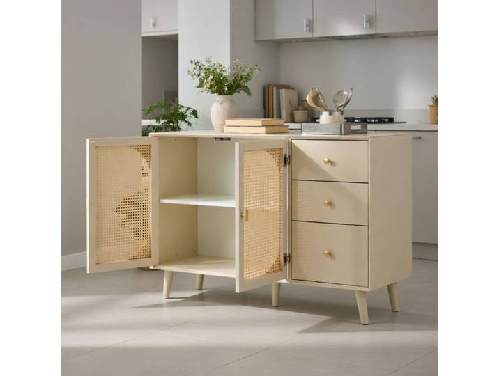 Buffet rangement 120 cm portes tiroirs meuble TV salon salle à manger blanc cassé -Pugsdrly