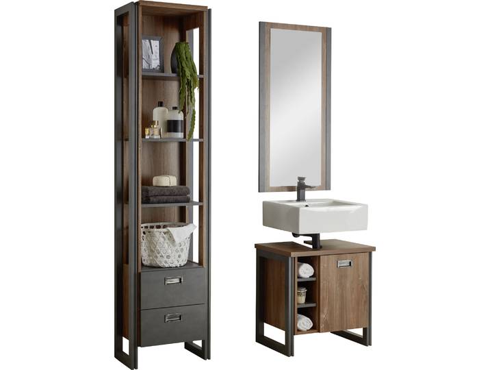 Badmöbel-Set HOME AFFAIRE Detroit, Bad im Industrialdesign, 3-teiliges Badezimmer , gelb (eiche honigfarben dekor, schiefer, nachbildung), Kastenmöbel-Sets, Badmöbel-Set, Unterschrank, Regal & Spiegel, holzfarben, offene Fächer & Stauraum