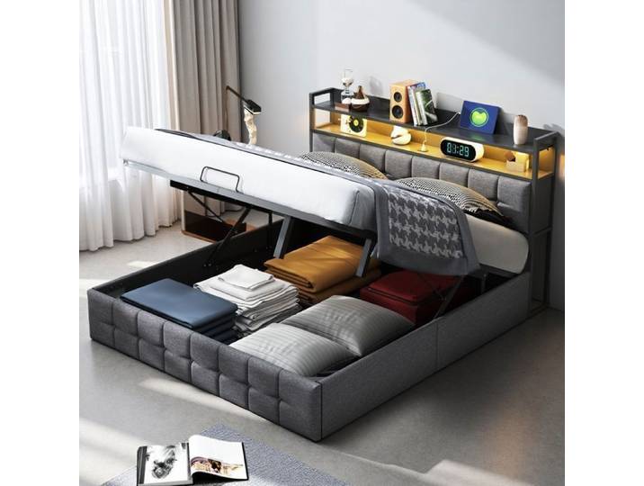 Lit 140x190 cm - Cadre de lit avec sommier- tissu en lin - gris