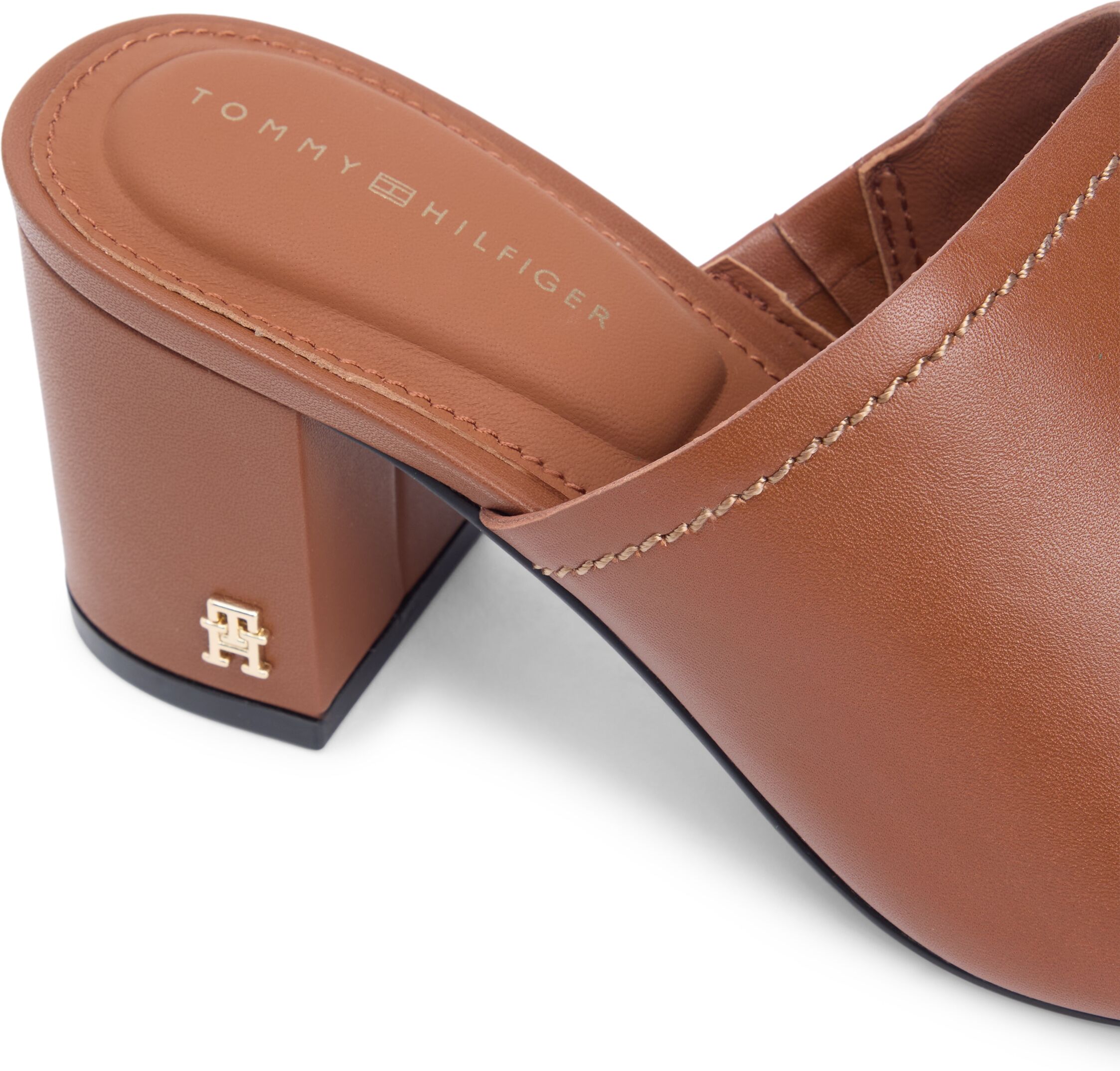 Pantolette TOMMY HILFIGER "TH BLOCK HEEL MULE LTH", Damen, Gr. 39, Leder, braun, unifarben, Schuhe Pantolette, Sommerschuh, Businessschuh mit weicher Bandage