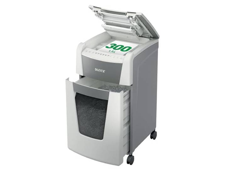Leitz IQ Autofeed Office Aktenvernichter, 300 Blatt Papierstapel schreddern Zeit sparen mit automatischem Einzug, Mikroschnitt P5, 60L Abfallbehälter, Leiser Betrieb für Büro, 80160000