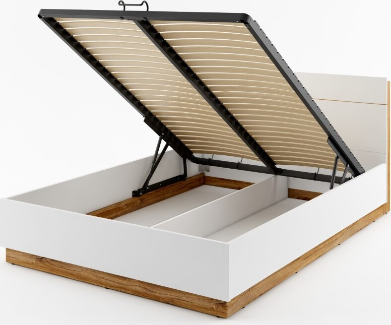 MINIO Dentro klassiek bed met opbergkasten en verlichting, wit/gestoomde eik, 160 x 200 cm
