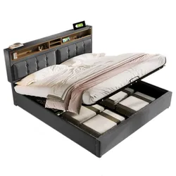 OKWISH Polsterbett Doppelbett 160×200 mit verstellbarem Kopfteil, USB-Ladefunktion, Stauraum, Lattenrost, Komfort, modernes Design, Leinen, Grau