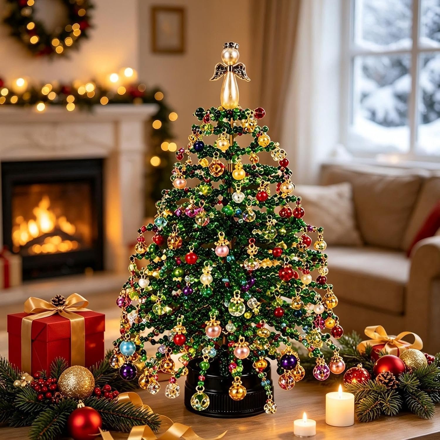 KZQ DIY Beaded Kerstboom Set met Lichtsnoer en Engel Topper - 3D Kristal Kralen Knutselpakket voor Kerstdecoratie
