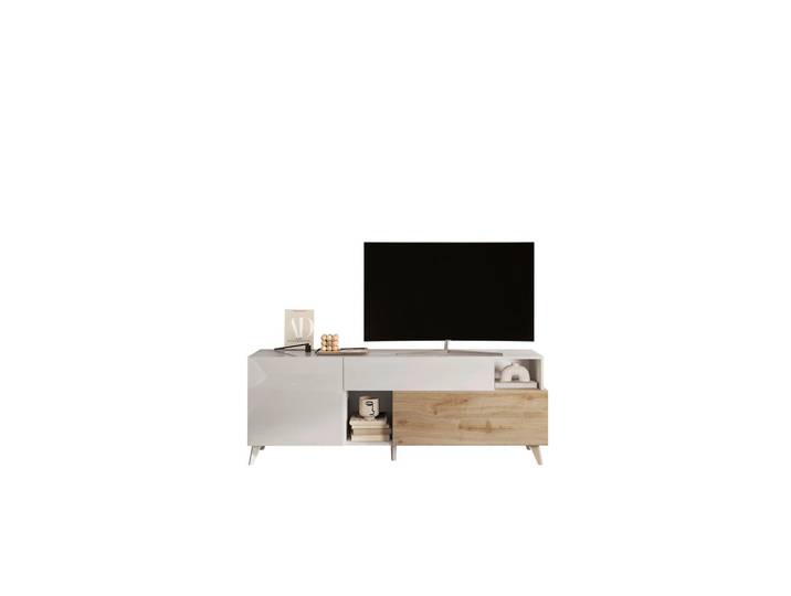 Carryhome Tv-Element, Eichefarben, Weiß Hochglanz, Kunststoff, 1 Fächer, 1 Schublade(n) Schubladen, 181x67x42 cm, Wohnzimmer, TV Möbel, Lowboards, Lowboards Hochglanz