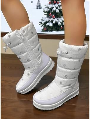 LightInthebox Women's White Snow Boots – Waterproof Warm Winter Boots with Snowflake Print, Anti-Slip Sole for Outdoor Snow and Holiday Trips