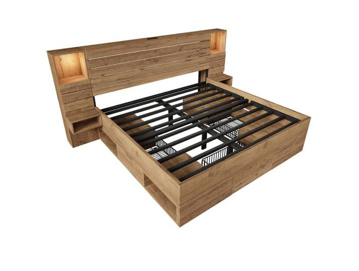 Lit double 180x200 cm en fer effet chêne avec led et usb-c