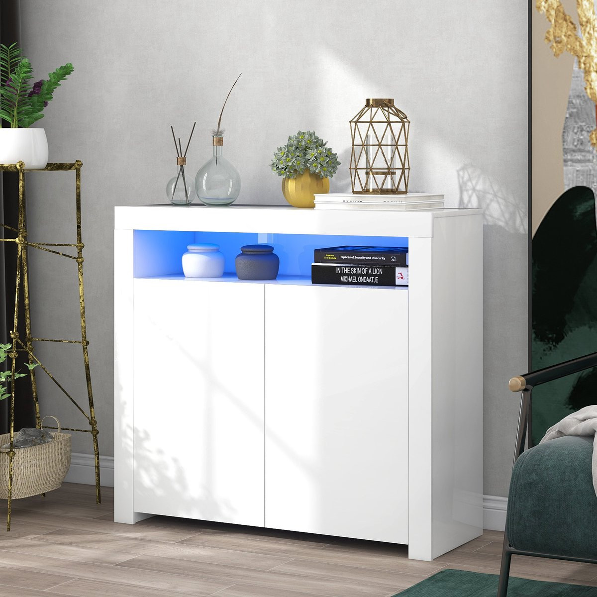 Zubaliya Modern Sideboard Wit Hoogglans met LED-verlichting en App-bediening B/D/H: 108 x 40 x 92 cm