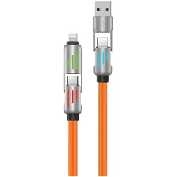 Neues Encore Energy 4in1-Kabel mit beleuchteten USB-C-, USB-A- und Lightning-Steckern, 3A QC PD 60W Ladekabel und Datenübertragung, 100 cm, orange, E