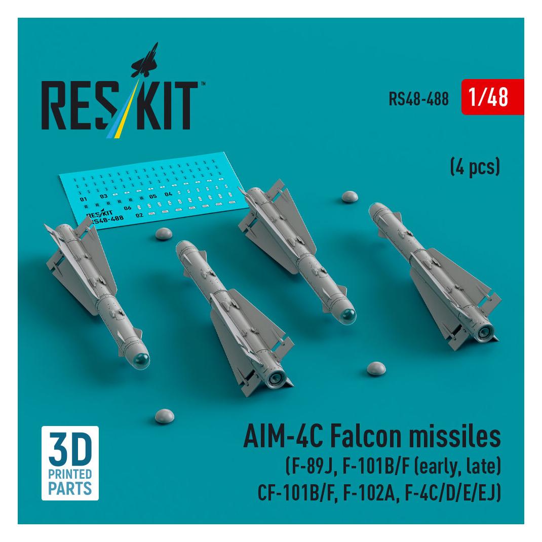 ResKit AIM-4C Falcon missiles (F-89J, F-101B/F (early, late), CF-101B/F, F-102A, F-4C/D/E/EJ) (4 pcs) (3D P (RS48-0488)