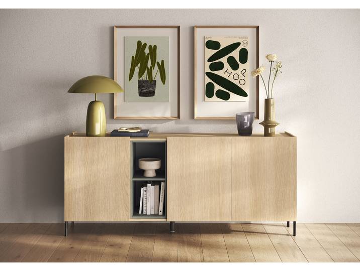 Sideboard OTTO HOME Badia, 182 cm breit, 3 Türen, Anrichte, Kommode, Stauraumschrank , braun (eiche lindberg dekor), B:182cm H:80cm T:42cm, Holzwerkstoff, Sideboards, Sideboard, Innenliegendes Top, gerade Metallfüße, salbeigrüne Farbakzente