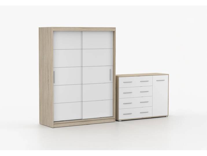 Schwebetürenschrank und Kommode 2-er Set VISTA 06/FRIDA 02 Sonoma Eiche Weiß