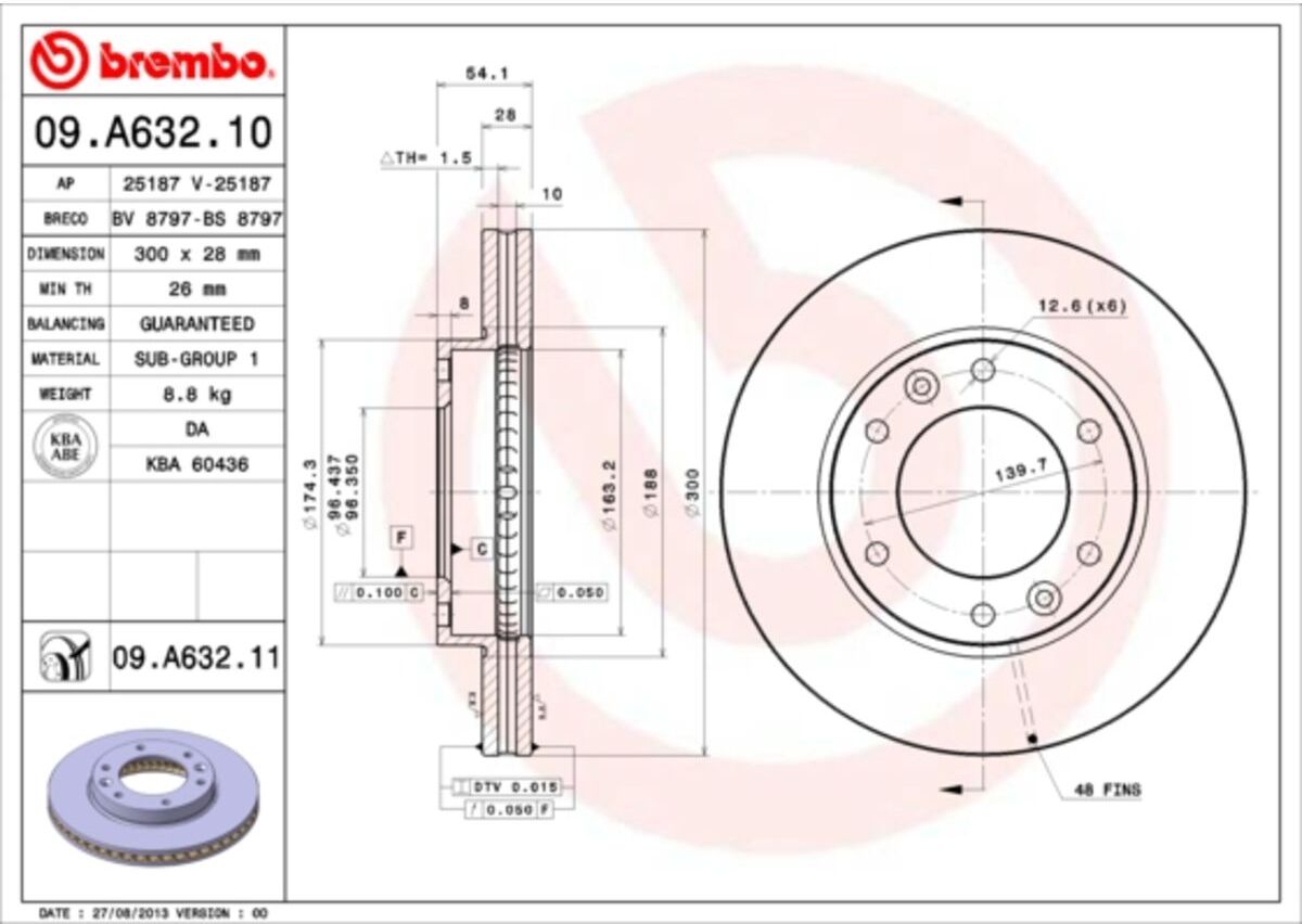 Bremsscheibe BREMBO 09.A632.11, vorne, belüftet, 1 Stück