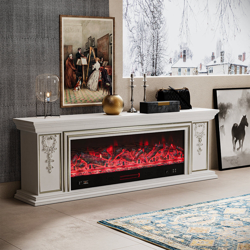 Ophelia & Co. Thornville 180cm w Electric Fireplace with remote control and bluetooth, Multiple Flame Colours, and 1500w Champagne Gold/White