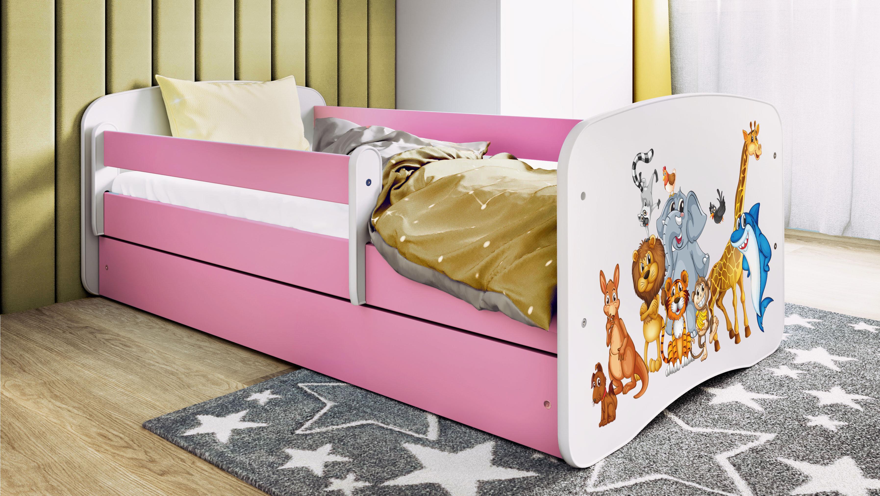 Kinderbett Jugendbett Tiere 70x140, 80x160, 80x180 cm - Komplettset mit Schublade & Rausfallschutz
