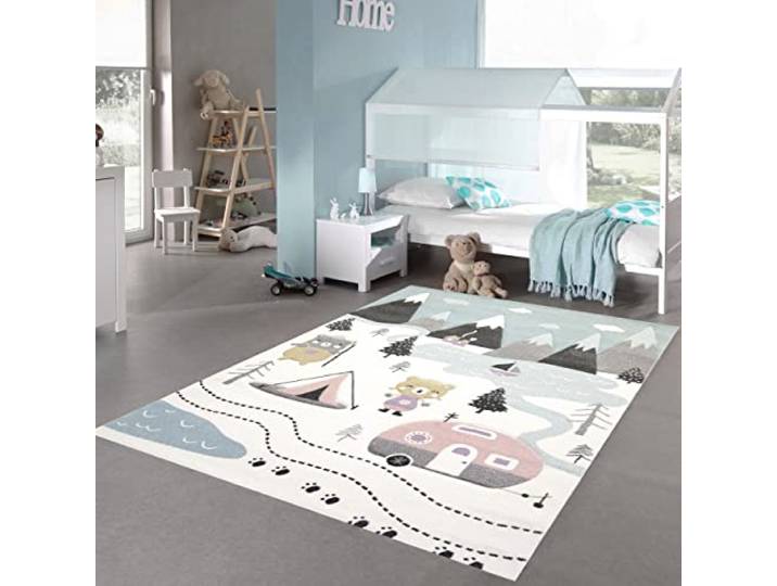 Teppich-Traum Kinderzimmer Teppich Spielteppich Bären Zelt Berge Camping Wohnwagen Tannen Fluss Creme pink grau, Größe 160x230 cm