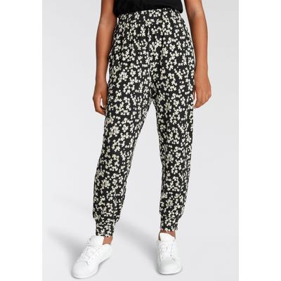Haremshose KIDSWORLD "Viskosehose allover gemustert", Mädchen, Gr. 152/158, N-Gr, schwarz (schwarz geblümt), Jersey, Obermaterial: 95% Viskose, 5% Elasthan, gemustert, mehrfarbig, lang, Hosen Haremshose, mit Blumen bedruckt