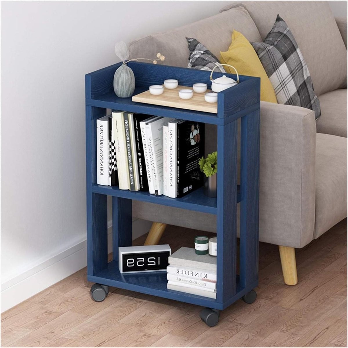 Verrijdbare houten boekenplank en opbergrek in houtkleur