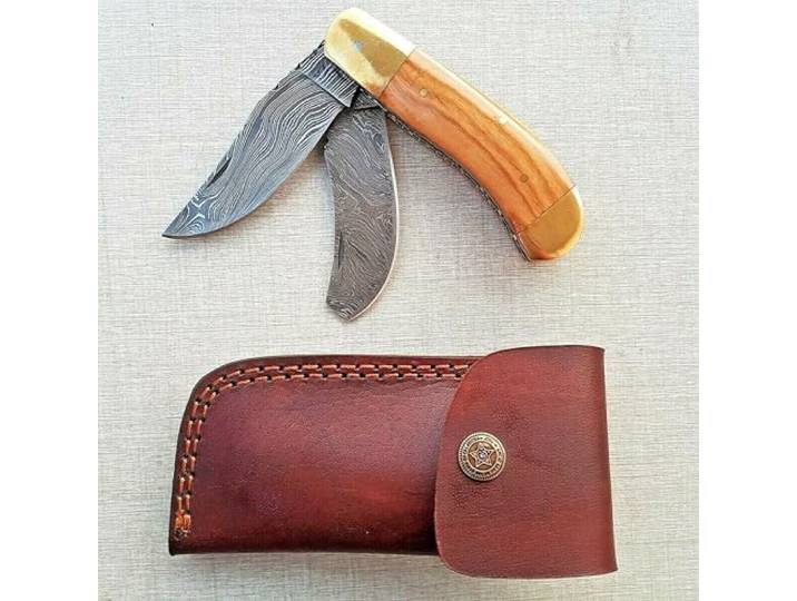 CRAFTOMATIK Doppelklinge Damast Stahl Taschenmesser Klappmesser Rosenholz, Messing, Messing Stiften Griff Handgefertigt Outdoor Damastmesser Camping Messer FK19