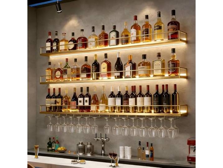 Dernoing 200CM Modernes Wand Weinregal Metall, 3 Ebenen Wandmontage Wine Display-Ständer mit Glashalter, Schwebende Barregale für die Hausbar Bar Küche Esszimmer (Gold, 200cm)