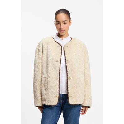 Plüschjacke BOSS ORANGE "Cody Premium Damenmode", Damen, Gr. 40, beige (open beige 284), Web, Obermaterial: 100% Polyester, unifarben, relaxed fit hüftbedeckend, Rundhals, Jacken, aus softem Teddy-Gewebe, Relaxed Fit