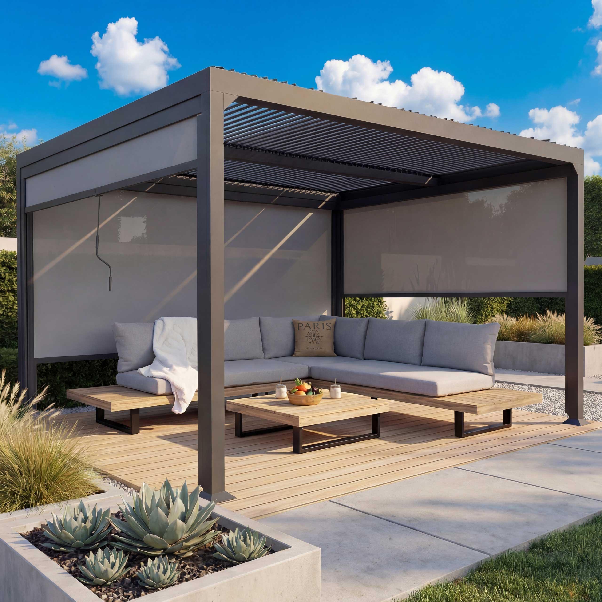 Alu Pergola HWC-L41 mit 3x Seitenwand, Lamellen-Pavillon, stabiles 8cm-Metall-Gestell 3x3,7m anthrazit