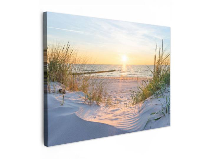 MuchoWow Leinwandbild - Strand - Sonne - Düne - Gras - Sand - Horizont - 80x60 - Malerei, Hellblau, Textil, Kiefer, Abstrakt, Rechteckig, 80x60 cm, gerahmt, Bilder & Rahmen, Bilder, Wandbilder