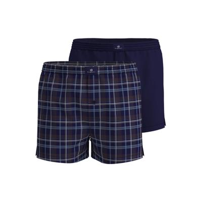 Webboxer BUGATTI, Herren, Gr. 8, 2 Stk., blau (blau, dunkel, karo), Webqualität, Obermaterial: 100% Baumwolle, kariert, unifarben, Unterhosen, Eingriff mit Knopf